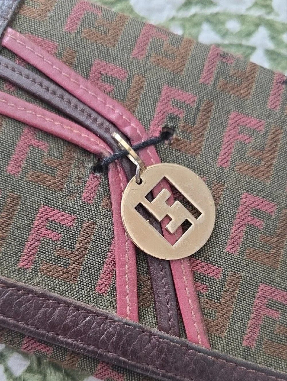 Fendi Olive & Pink Zucca Continental Wallet with Gold-Tone FF Charm